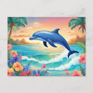 Cartão Postal Golfinho e bela ilha tropical, Hibiscus