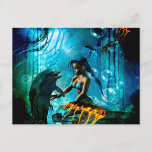 Cartão Postal Golfinho engraçado brincando com uma sereia fofa