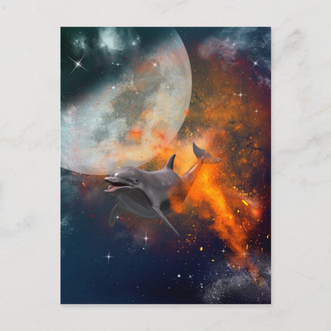 Cartão Postal Golfinho engraçado no universo (Frente)