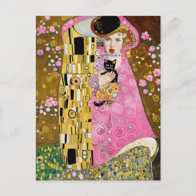 Cartão Postal Goma de bolhas rosa com arte de gato Gustav Klimt (Frente)