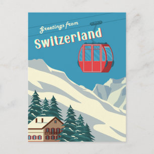 Cartão Postal Gôndola Retro da Montanha Nevada da Suíça