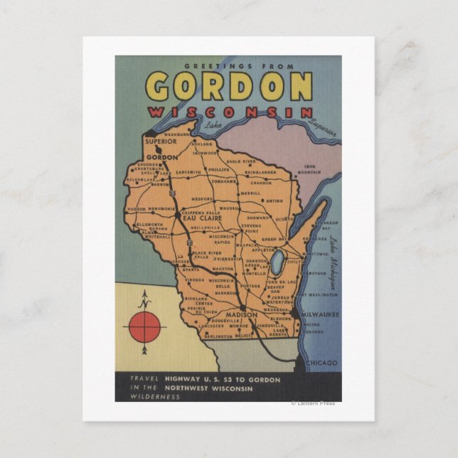 Cartão Postal Gordon, Wisconsin - Cenas de Letras Grandes (Frente)