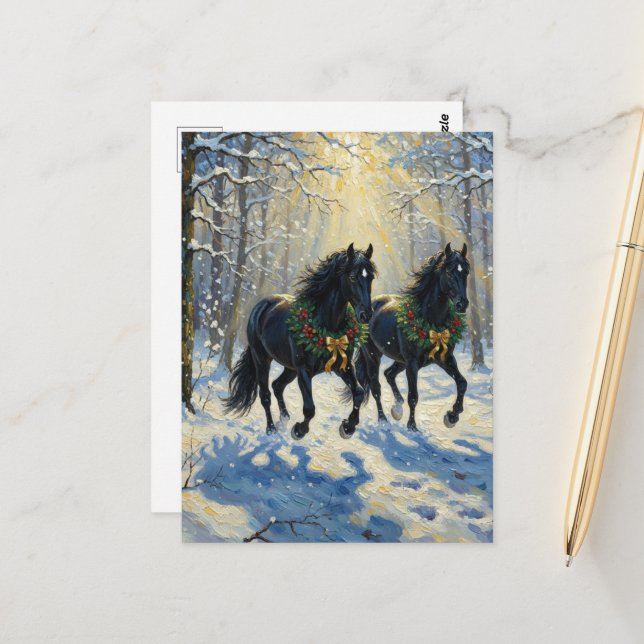 Cartão Postal Gorgeous Black Horses Wreaths in Winter Woods (Frente/Verso In Situ)