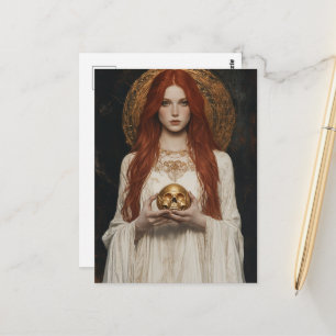 Cartão Postal Gorgeous Mulher Ruiva Com uma Caveira Dourada