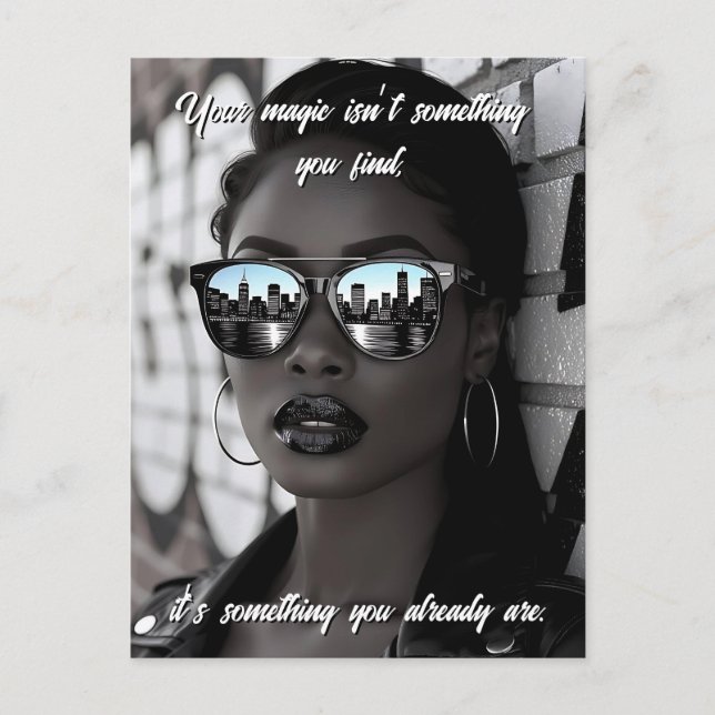 Cartão Postal Gorgeous Woman in City with Sunglasses and Quote (Frente)