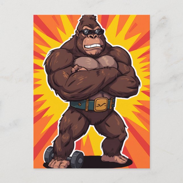 Cartão Postal Gorilla Bodybuilder Weight Lifter Pop Art Cartoon (Frente)