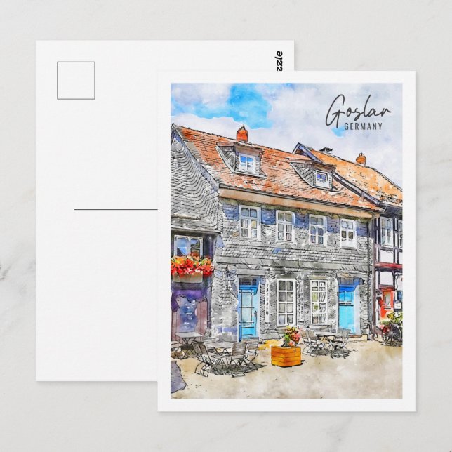 Cartão Postal Goslar Alemanha Local de Viagem Aquarela (Frente/Verso)
