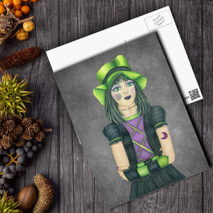 Cartão Postal Gothic Monster Girl Chapéu Verde Tatuagens em Cinz