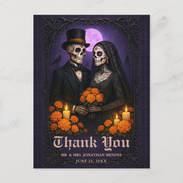 Cartão Postal Gothic Sugar Skull Couple Wedding Thank You (Frente)