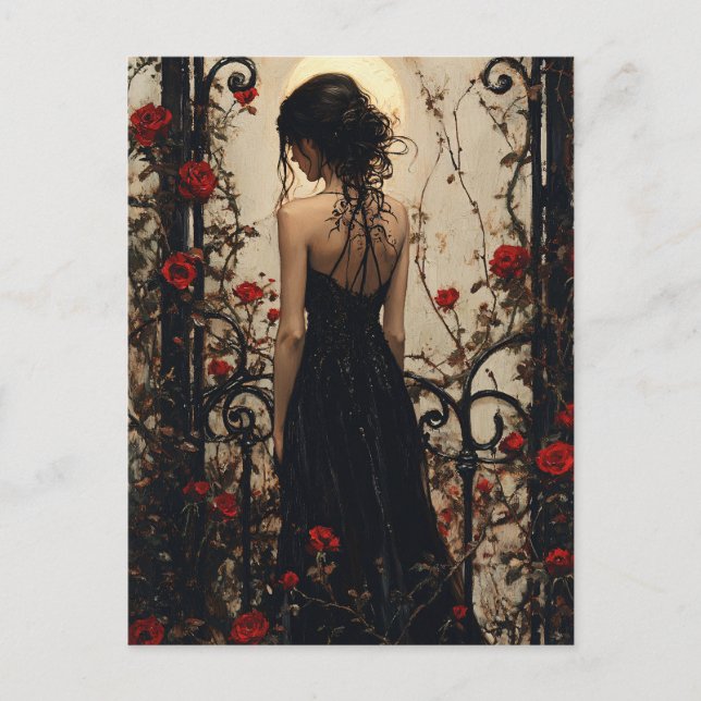 Cartão Postal Gothic Woman in Black Dress Among Red Roses (Frente)
