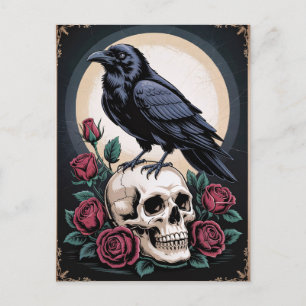 Cartão Postal Gótica Raven com Decoupage do Crânio e Rosas