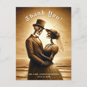 Cartão Postal Gótico Casal de Esqueletos em Sépia Obrigado no Ca