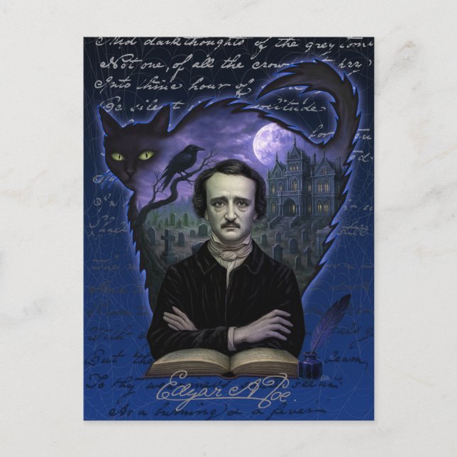 Cartão postal gótico de Edgar Allan Poe com corvo (Frente)