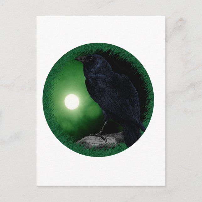 Cartão Postal Gótico Negra-Lua Negra-Verde Raven Animal (Frente)