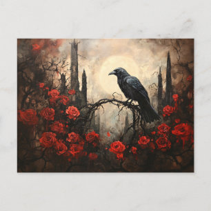 Cartão Postal Gótico Raven com Rosas vermelhas Escuras