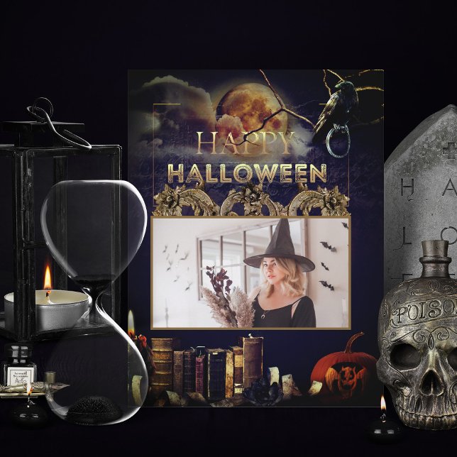 Cartão Postal Gótico Spooky Raven No Dia das Bruxas Adultas Da L (spooky adult gothic halloween invitations with full moon and pumpkin add your photo)