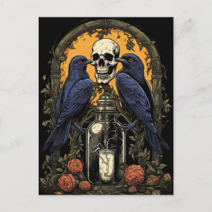 Cartão Postal Gótico Vintage Skeleton Skull Raven Poison Hallowe