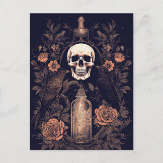 Cartão Postal Gótico Vintage Skeleton Skull Raven Poison Hallowe