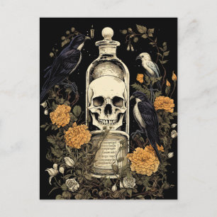 Cartão Postal Gótico Vintage Skeleton Skull Raven Poison Hallowe