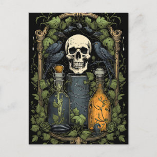 Cartão Postal Gótico Vintage Skeleton Skull Raven Poison Hallowe
