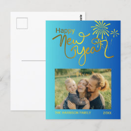 Cartão Postal Gradiente Azul de Foto do Feliz ano novo Dourado d