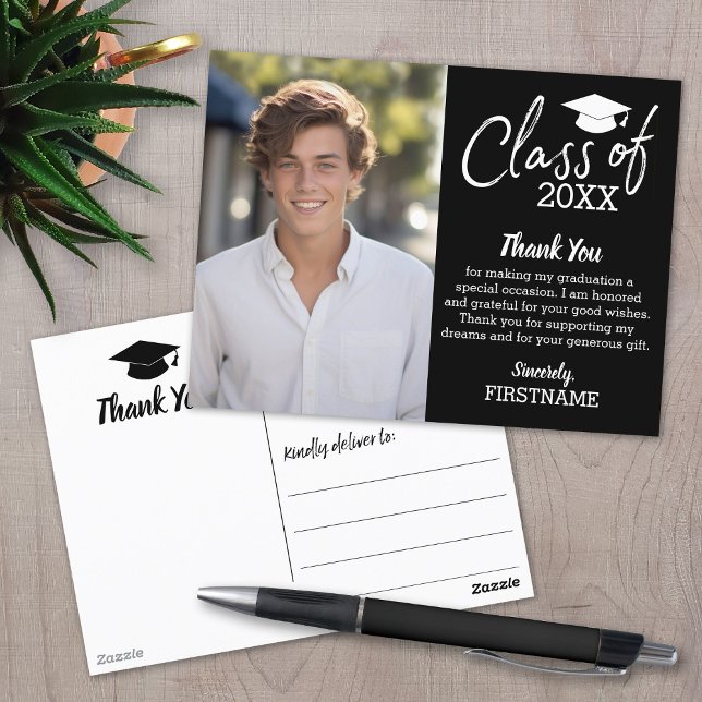 Cartão Postal Graduação Agradecimento com Foto - Preto (Graduation Thank You Postcard)