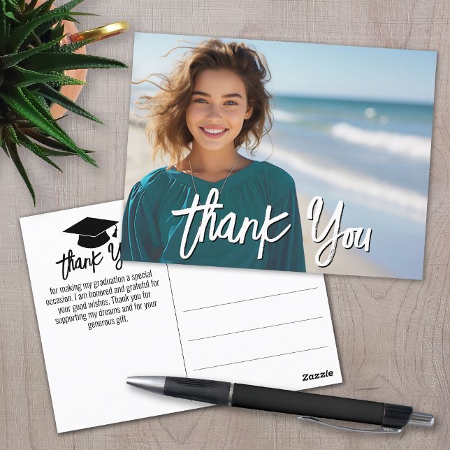 Cartão Postal Graduação Agradecimento com Foto - Script Branco (Graduation Thank You Postcard)
