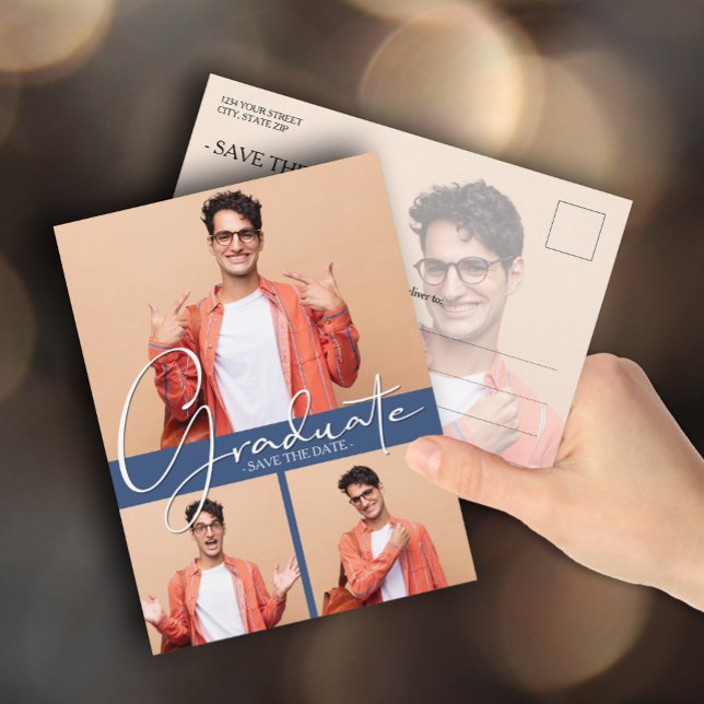 Cartão Postal Graduação Azul com Várias Fotografias Salvar a Dat (Criador carregado)