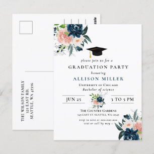 Cartão Postal Graduação Botânica Floral de Blush de Marinho R