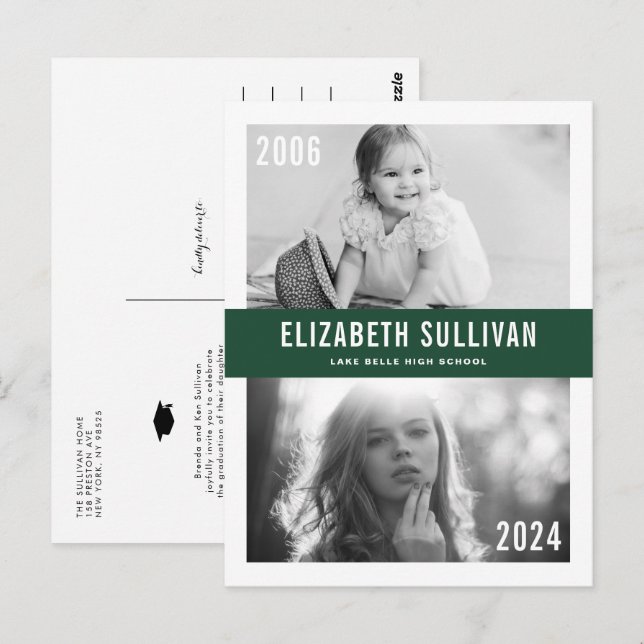 Cartão Postal Graduação de Colagem de Fotos Verde Então e Agora (Frente/Verso)