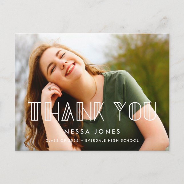 Cartão Postal Graduação de deco de arte retrô Obrigado foto (Frente)