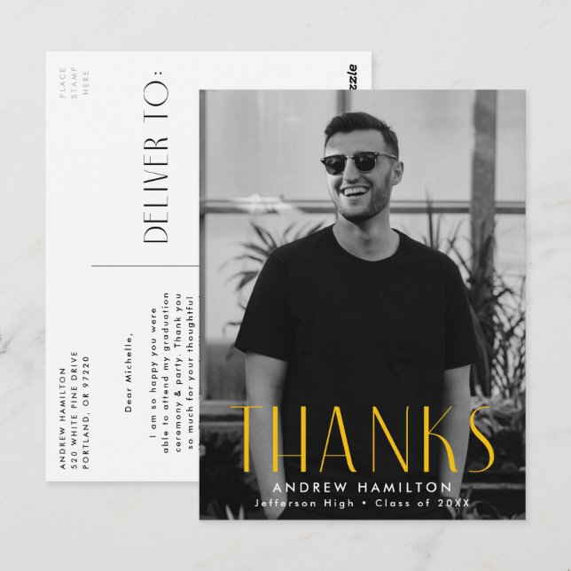 Cartão Postal Graduação de Foto Amarela Moderna Obrigado (Frente/Verso)