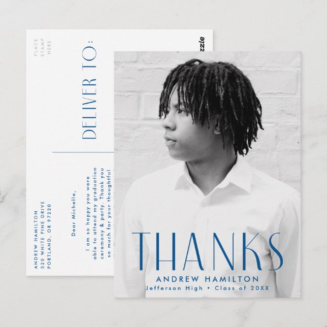 Cartão Postal Graduação de Foto Azul Moderna Obrigado (Frente/Verso)