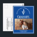 Cartão Postal Graduação de Foto da Faculdade de Veterinária Bran<br><div class="desc">Este cartão postal de anúncio de graduação da escola veterinária azul personalizado apresenta tipografia branca para uma classe de formando 2024 acima da foto de seu aluno. Personalize com o seu ano de graduação sob o caducilo médico veterinário e fotografe para um cartão postal de veterinário personalizado excelente.</div>