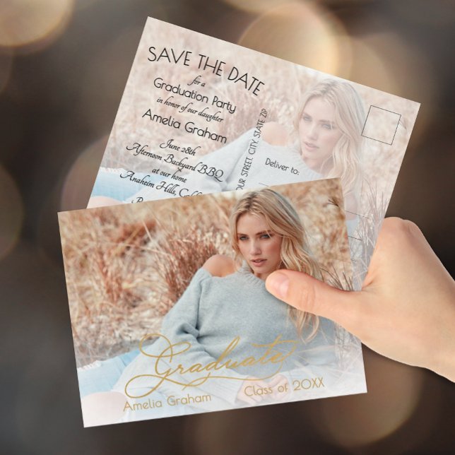 Cartão Postal Graduação de Foto de Script Dourado Elegante Salve (Gold script graduation Save the Date postcards feature  photos on both sides, your details on back)