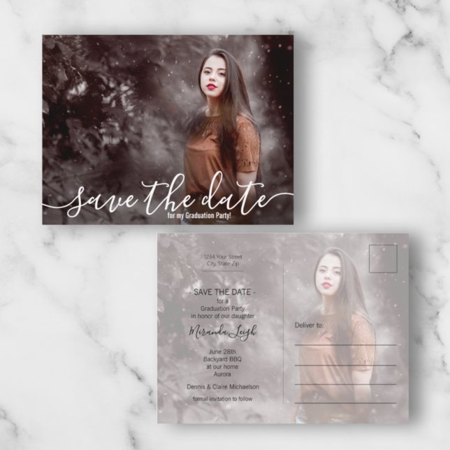 Cartão Postal Graduação de Foto de Script Elegante Salve a Data (Criador carregado)