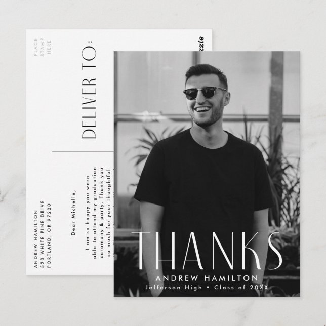 Cartão Postal Graduação de Foto de Simplicidade Moderna Obrigado (Frente/Verso)