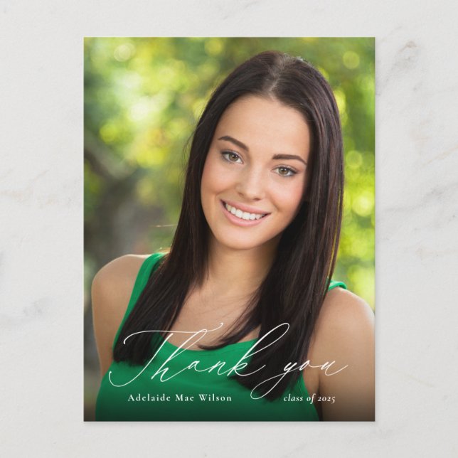 Cartão Postal Graduação de Foto em Caligrafia Branca Obrigado (Frente)