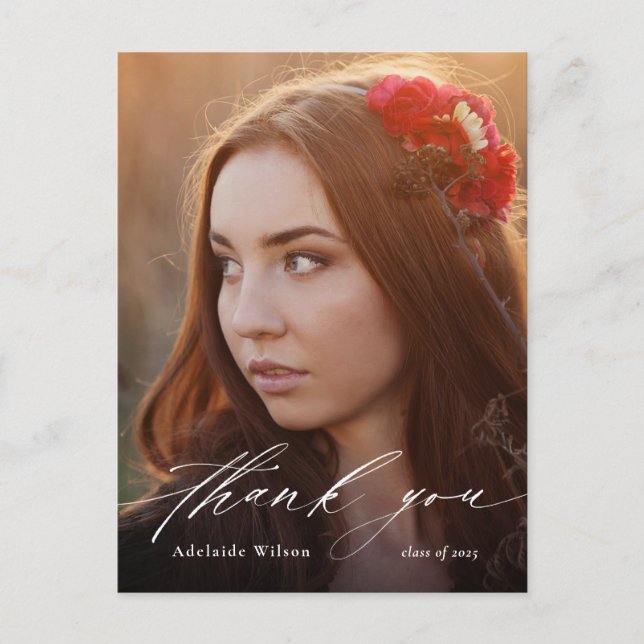 Cartão Postal Graduação de Foto em Caligrafia Branca Obrigado (Frente)