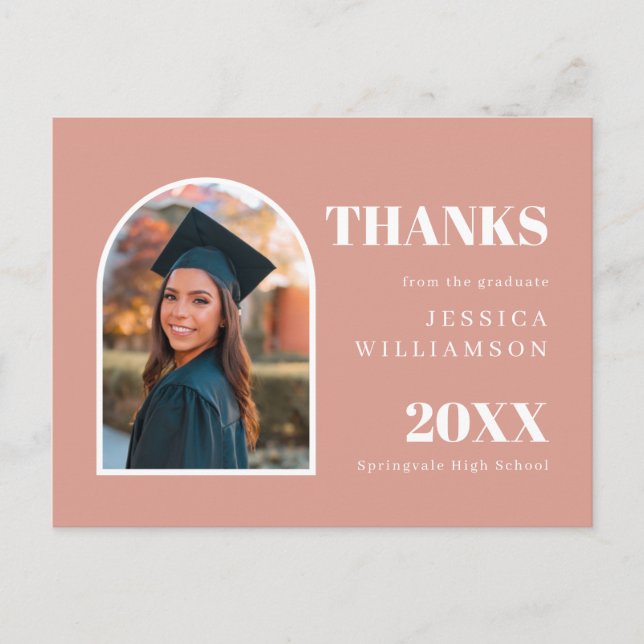 Cartão Postal Graduação de Foto Moderna em Arch Rosa Obrigado (Frente)
