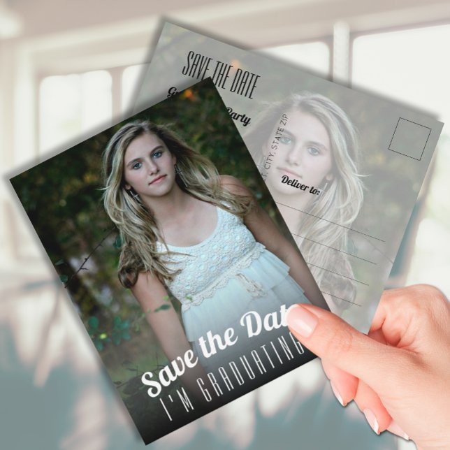 Cartão Postal Graduação de Fotos Vertical Salve a Data (Photo graduation Save the Date postcards feature your details on the back)