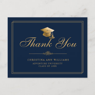 Cartão Postal Graduação de Script Dourado Azul Elegante do Marin