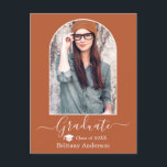 Cartão Postal Graduação de Terracotta do Boné de Arco Moderno<br><div class="desc">Quadro Fotográfico de Arch Moderno - Script de Caligrafia de Tendy - Cartão-postal de Anúncio de Graduação de Fotografias - Terracotta - Boné de formatura</div>