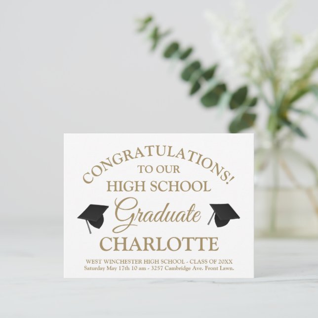 Cartão Postal Graduação de texto personalizada de script em ouro (Em pé/Frente)