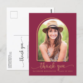 Cartão Postal Graduação Dourada de Fotos Chic Burgundy Obrigado