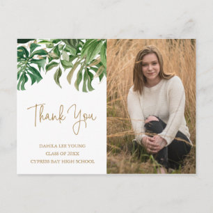 Cartão Postal Graduação Dourada de Fotos em Verde Tropical Obrig