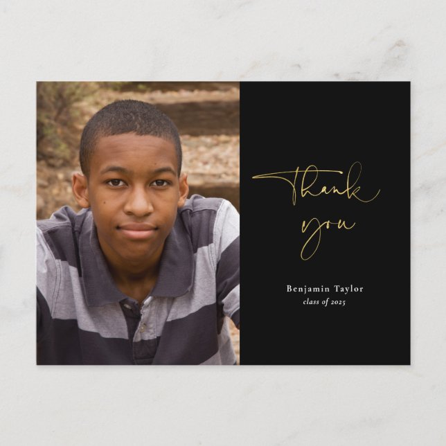 Cartão Postal Graduação Dourada e preta Obrigado com Foto (Frente)