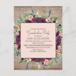 Cartão Postal Graduação em Burcamas Florais Rustic Burgundy Rosa