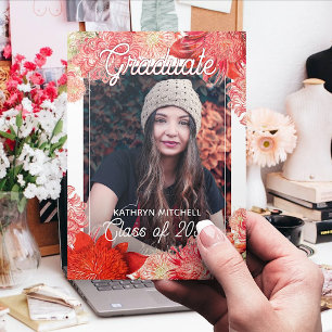 Cartão Postal Graduação Floral Coral Red Pink Boho Botânico