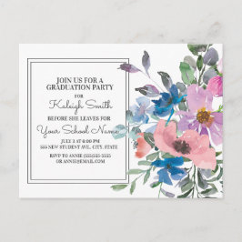 Cartão Postal Graduação Floral em Aquarela Roxo Azul Rosa